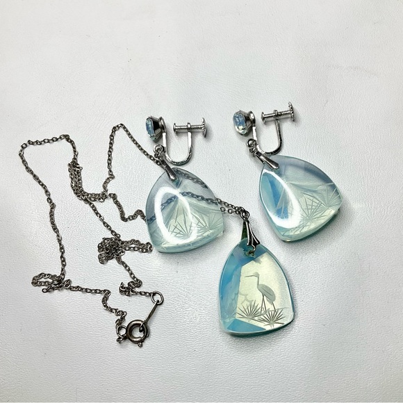 Art Deco Sterling Opaline Glass Earrings Japan Carved Scene - Picture 7 of 10